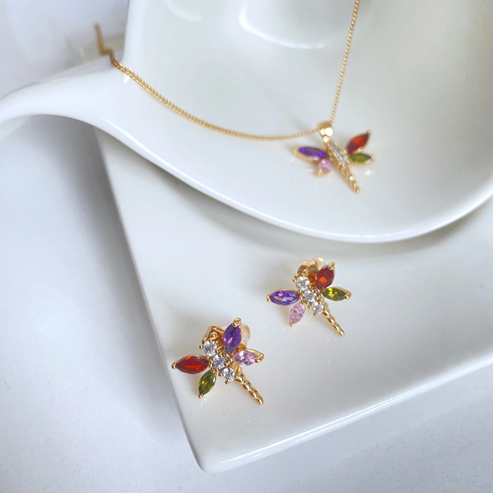 Renkli Taşlı Yusufçuk Kolye-Küpe Set